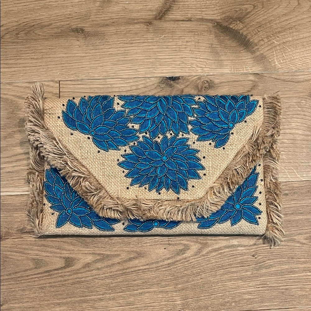 Lulu's Blue Floral Embroidered Fringe Clutch